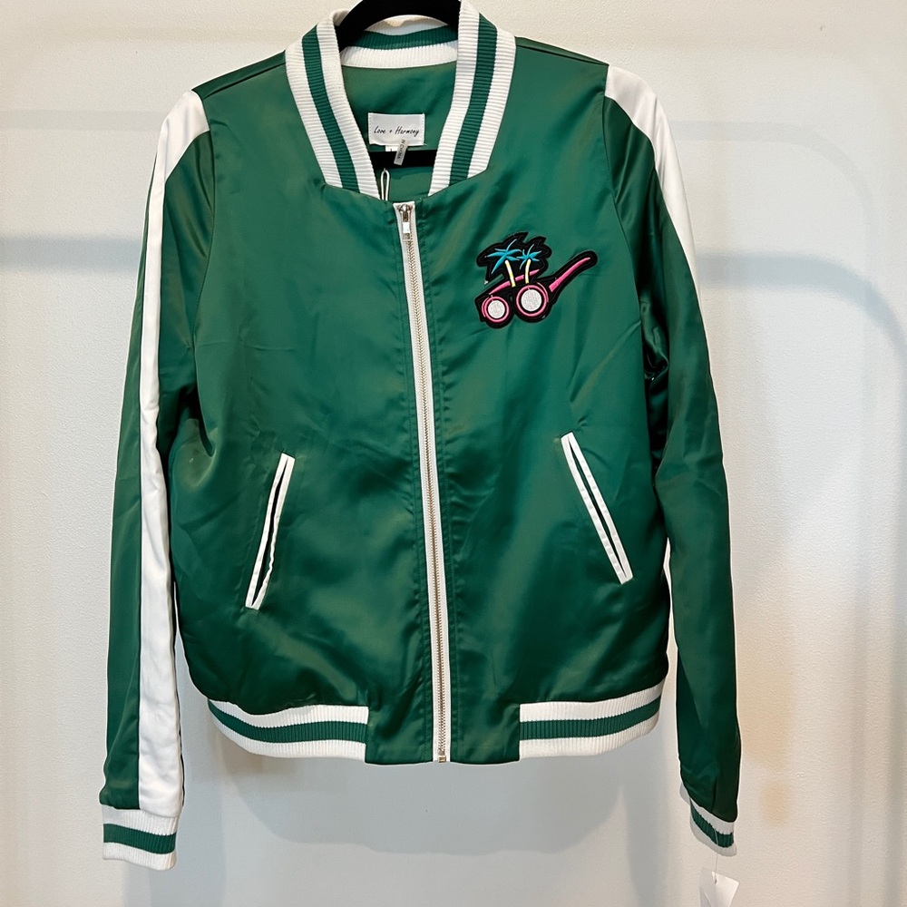 Green and White Bomber Jacket with Palm Tree Patch